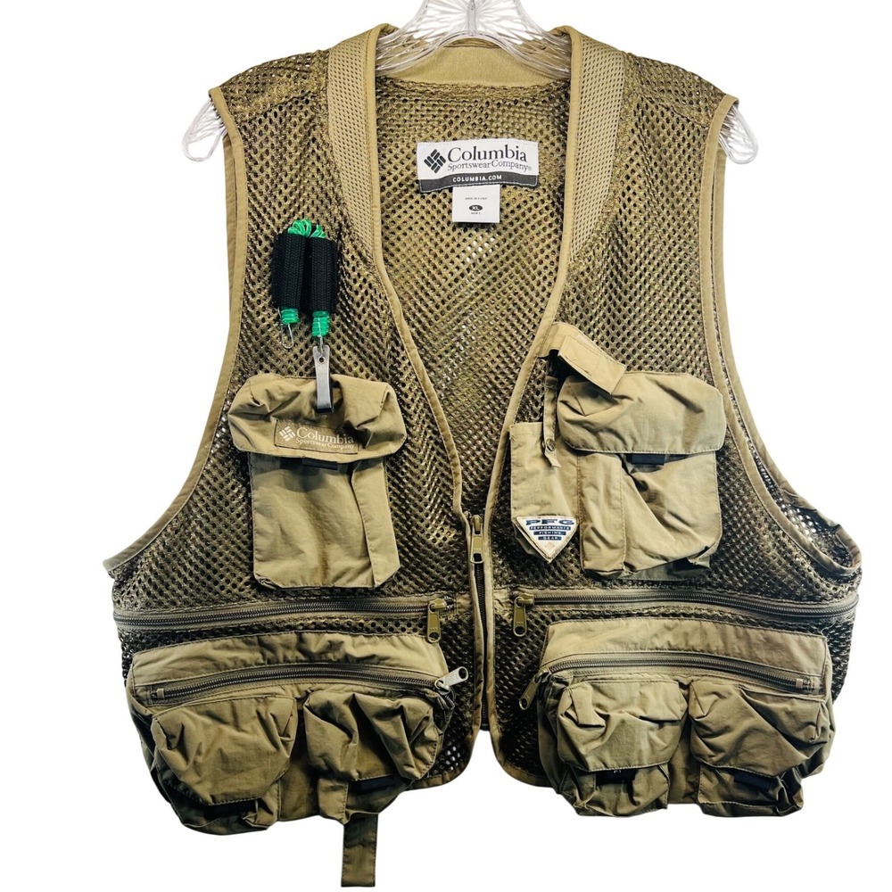 Columbia PFG Mesh Fishing Vest Mens XL Tan Khaki Utility Multi Pocket Fly Fish